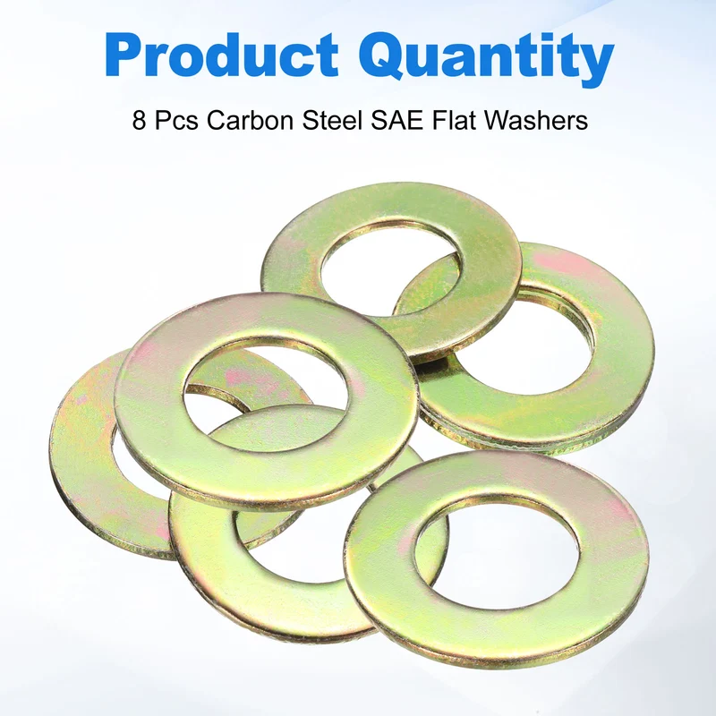 8Pcs 1" Carbon Steel SAE Flat Washers, 1.07" x 2.02" x 0.12", Zinc Yellow