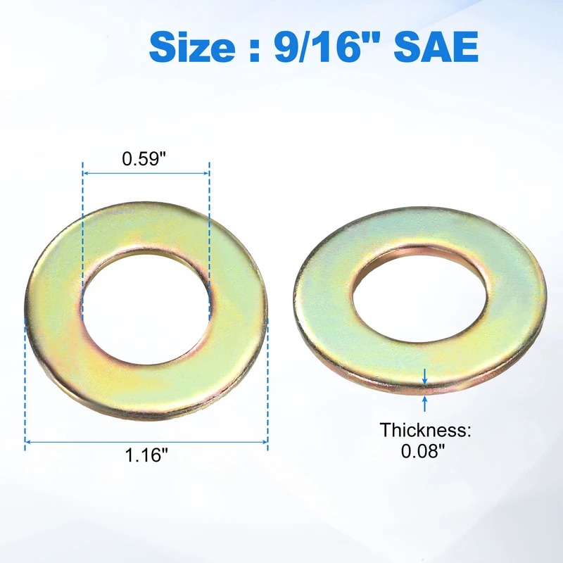 15Pcs 9/16" Carbon Steel SAE Flat Washers, 0.59" x 1.16" x 0.08", Zinc Yellow