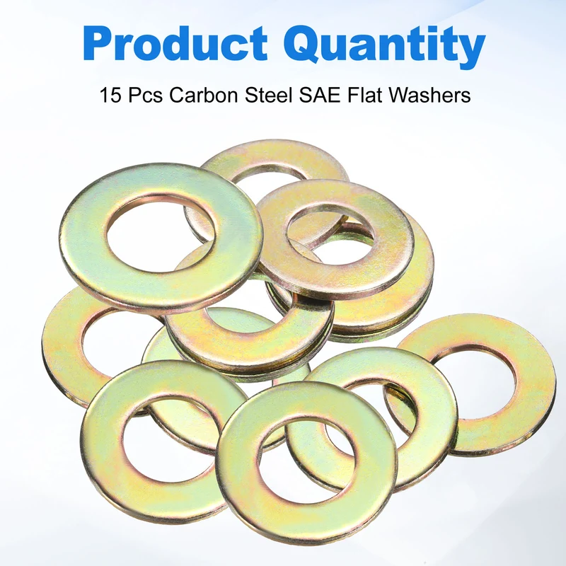 15Pcs 9/16" Carbon Steel SAE Flat Washers, 0.59" x 1.16" x 0.08", Zinc Yellow