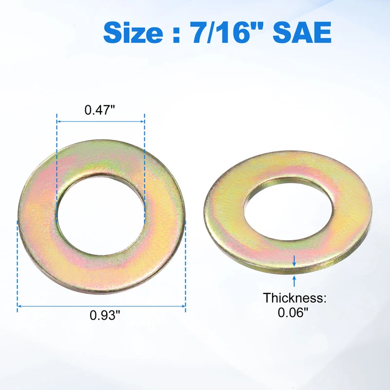 50Pcs 7/16" Carbon Steel SAE Flat Washers, 0.47" x 0.93" x 0.06", Zinc Yellow