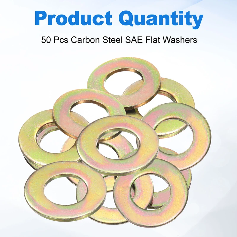50Pcs 7/16" Carbon Steel SAE Flat Washers, 0.47" x 0.93" x 0.06", Zinc Yellow