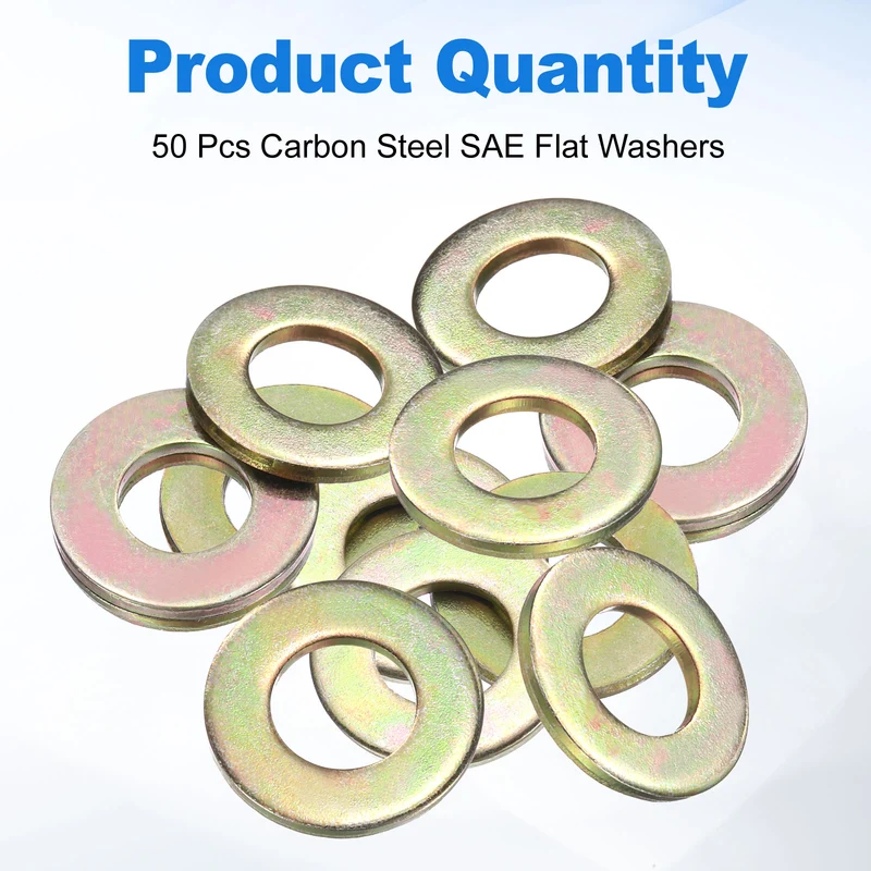 50Pcs 5/16" Carbon Steel SAE Flat Washers, 0.34" x 0.69" x 0.06", Zinc Yellow