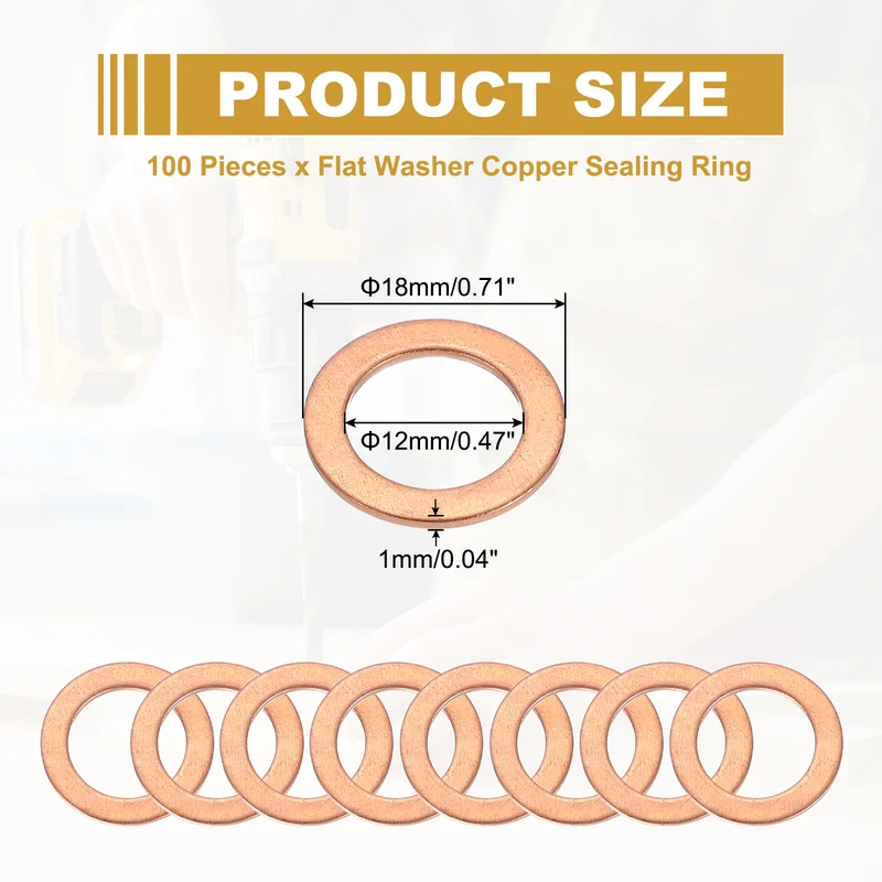 M12 Copper Washer Sealing Ring, 100 Pieces 12mm ID 18mm OD 1mm Thickness Metric