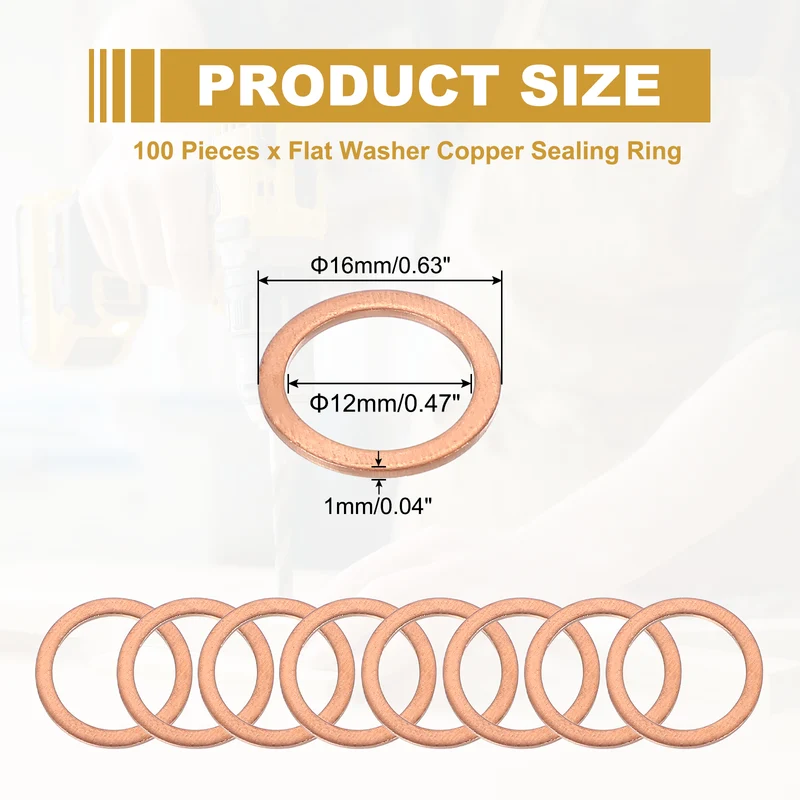 M12 Copper Washer Sealing Ring, 100 Pieces 12mm ID 16mm OD 1mm Thickness Metric