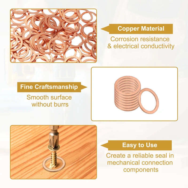 M12 Copper Washer Sealing Ring, 100 Pieces 12mm ID 16mm OD 1mm Thickness Metric