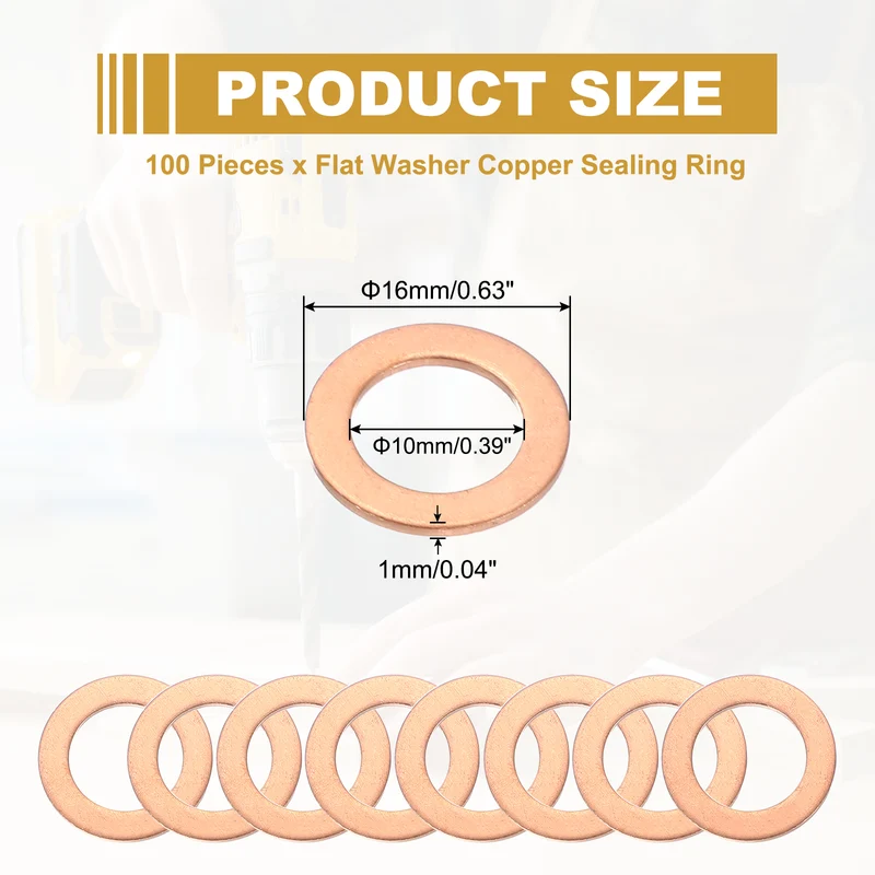 M10 Copper Washer Sealing Ring, 100 Pieces 10mm ID 16mm OD 1mm Thickness Metric