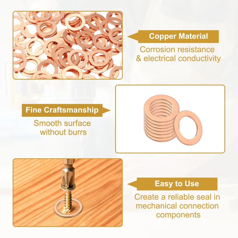 M10 Copper Washer Sealing Ring, 100 Pieces 10mm ID 16mm OD 1mm Thickness Metric