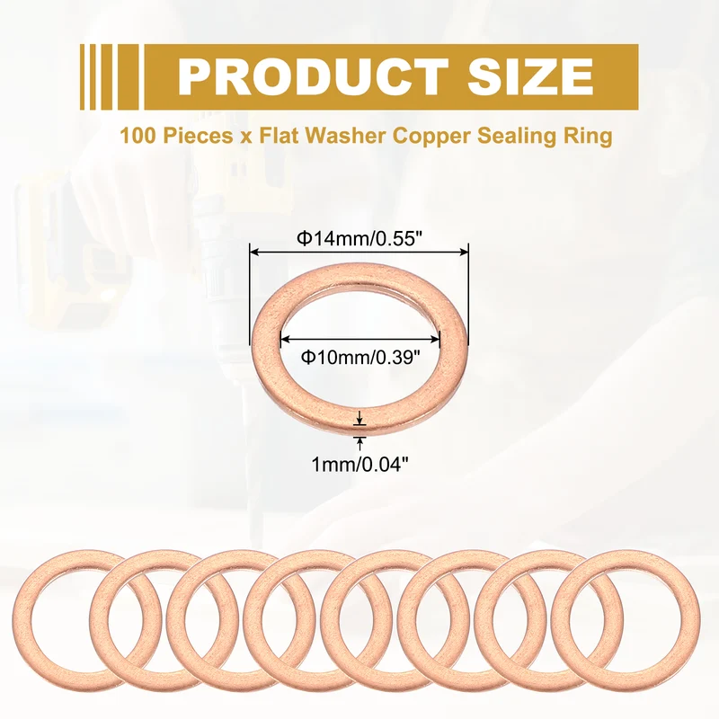 M10 Copper Washer Sealing Ring, 100 Pieces 10mm ID 14mm OD 1mm Thickness Metric