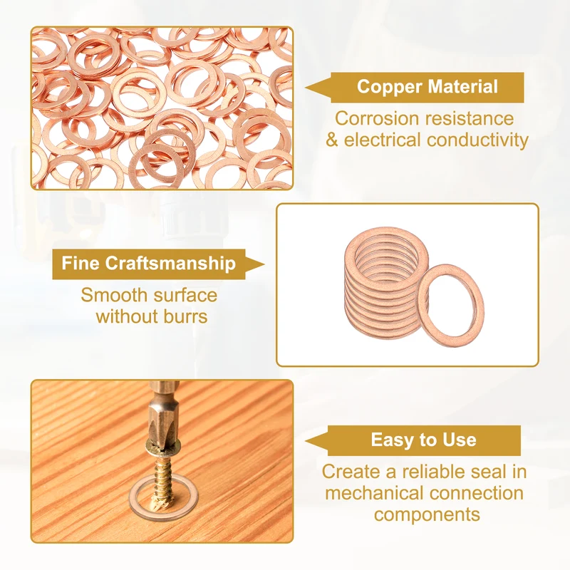 M10 Copper Washer Sealing Ring, 100 Pieces 10mm ID 14mm OD 1mm Thickness Metric