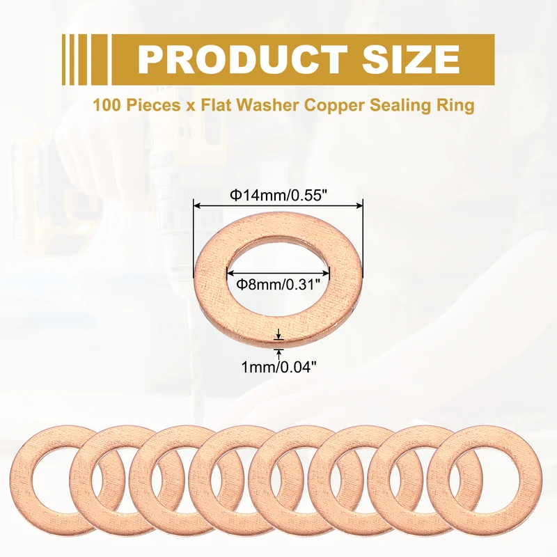 M8 Copper Washer Sealing Ring, 100 Pieces 8mm ID 14mm OD 1mm Thickness Metric