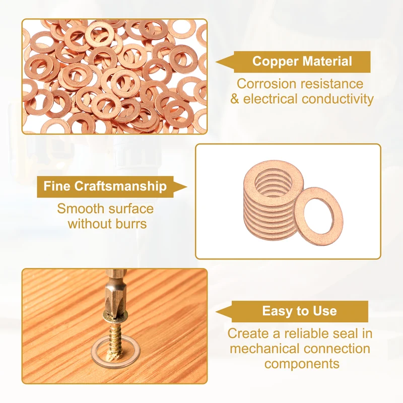 M8 Copper Washer Sealing Ring, 100 Pieces 8mm ID 14mm OD 1mm Thickness Metric