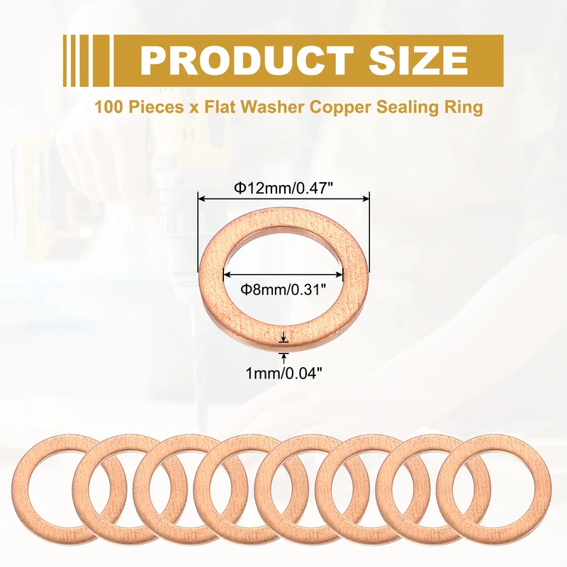 M8 Copper Washer Sealing Ring, 100 Pieces 8mm ID 12mm OD 1mm Thickness Metric