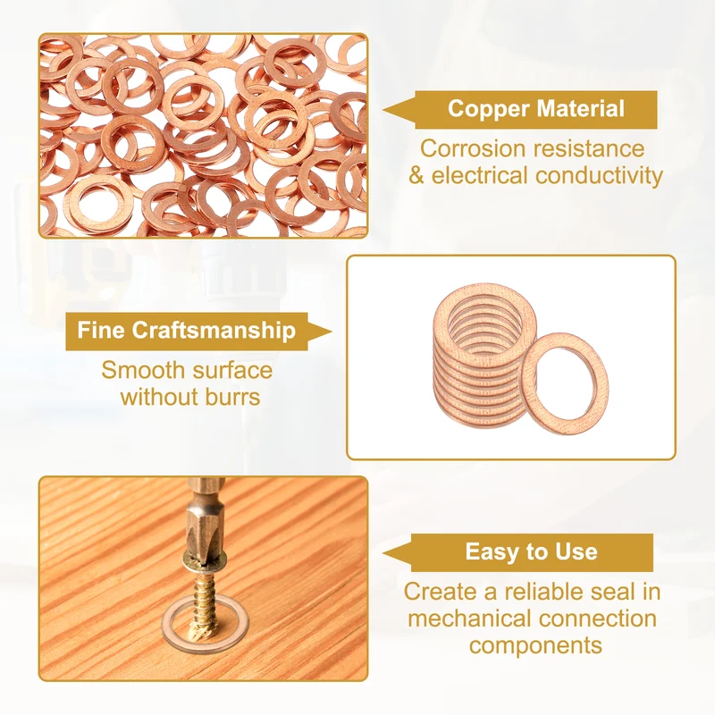 M8 Copper Washer Sealing Ring, 100 Pieces 8mm ID 12mm OD 1mm Thickness Metric
