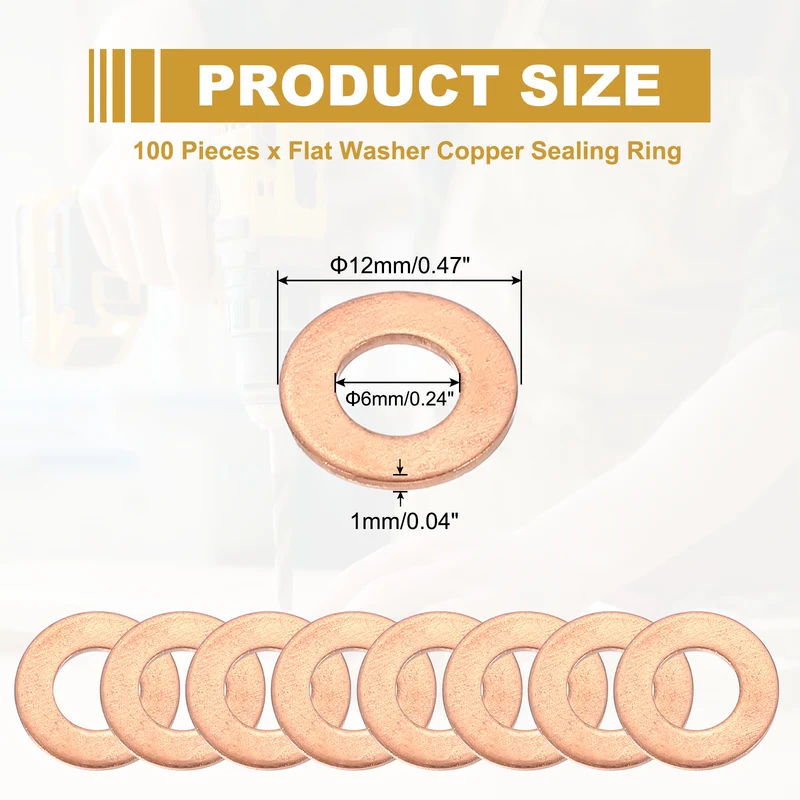 M6 Copper Washer Sealing Ring, 100 Pieces 6mm ID 12mm OD 1mm Thickness Metric