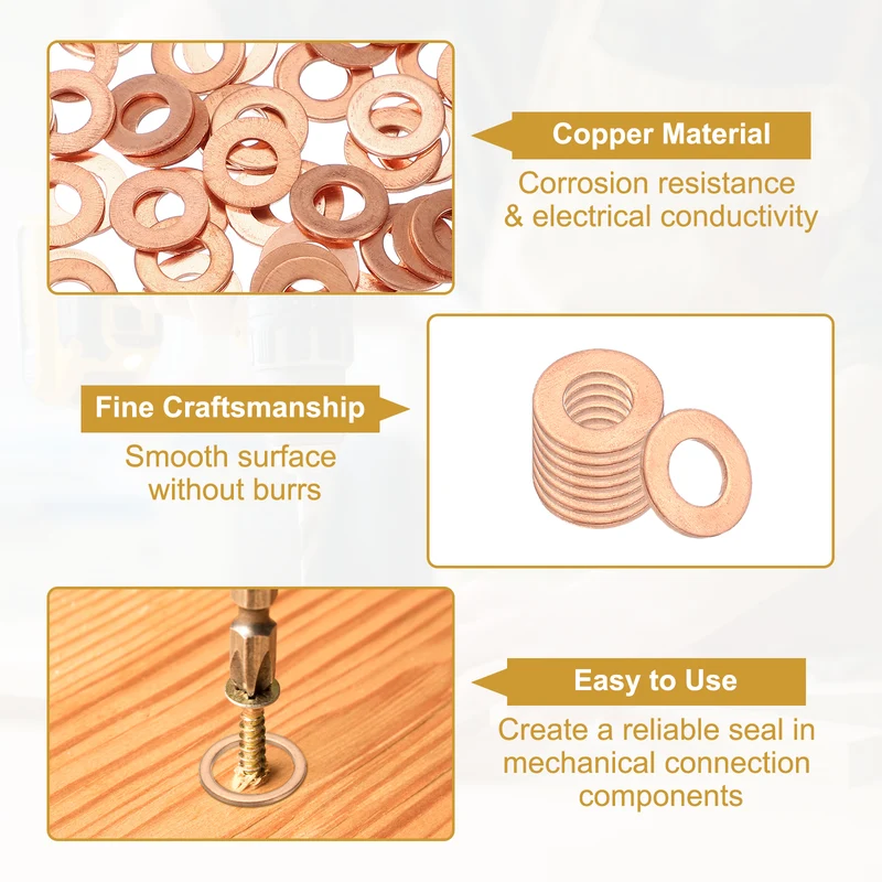 M6 Copper Washer Sealing Ring, 100 Pieces 6mm ID 12mm OD 1mm Thickness Metric