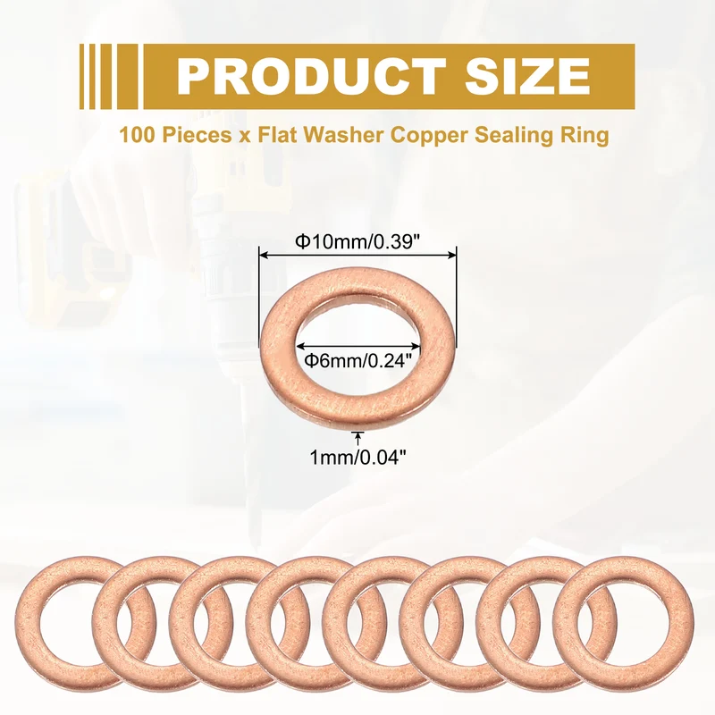 M6 Copper Washer Sealing Ring, 100 Pieces 6mm ID 10mm OD 1mm Thickness Metric