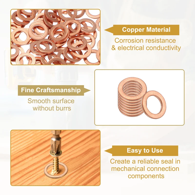 M6 Copper Washer Sealing Ring, 100 Pieces 6mm ID 10mm OD 1mm Thickness Metric