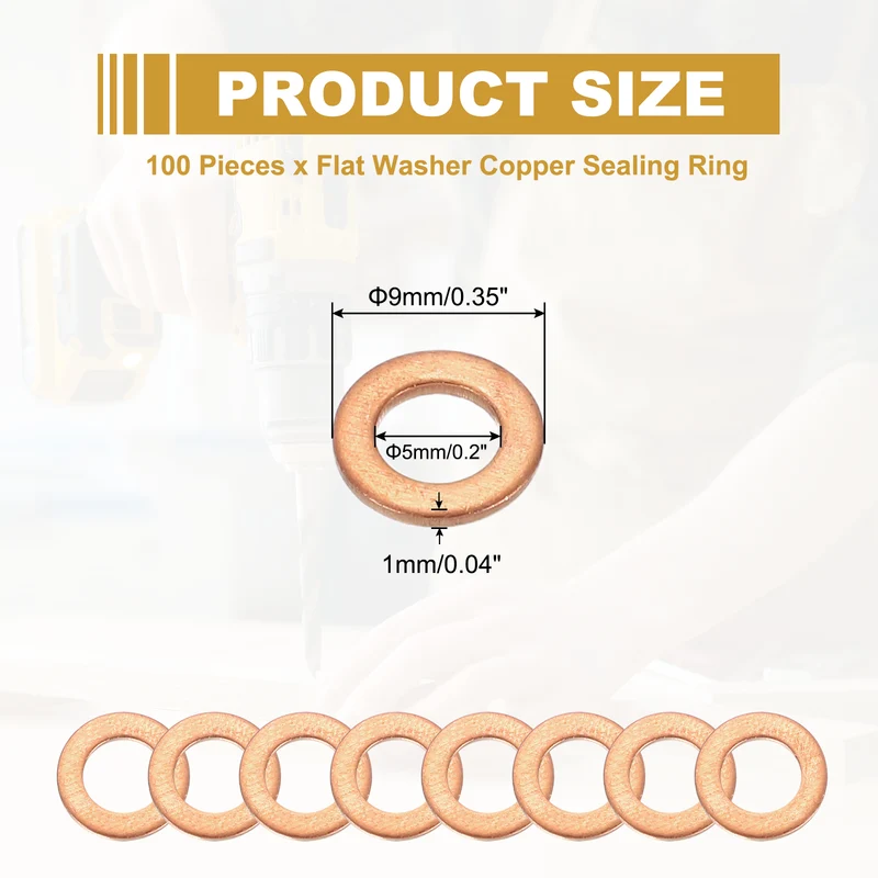 M5 Copper Washer Sealing Ring, 100 Pieces 5mm ID 9mm OD 1mm Thickness Metric