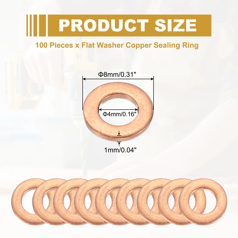 M4 Copper Washer Sealing Ring, 100 Pieces 4mm ID 8mm OD 1mm Thickness Metric