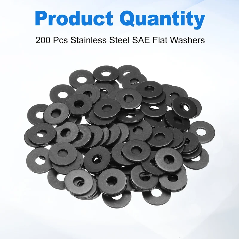 200 Pcs Fender Washer, M8 Carbon Steel Flat Washer Fastener Gasket, Black