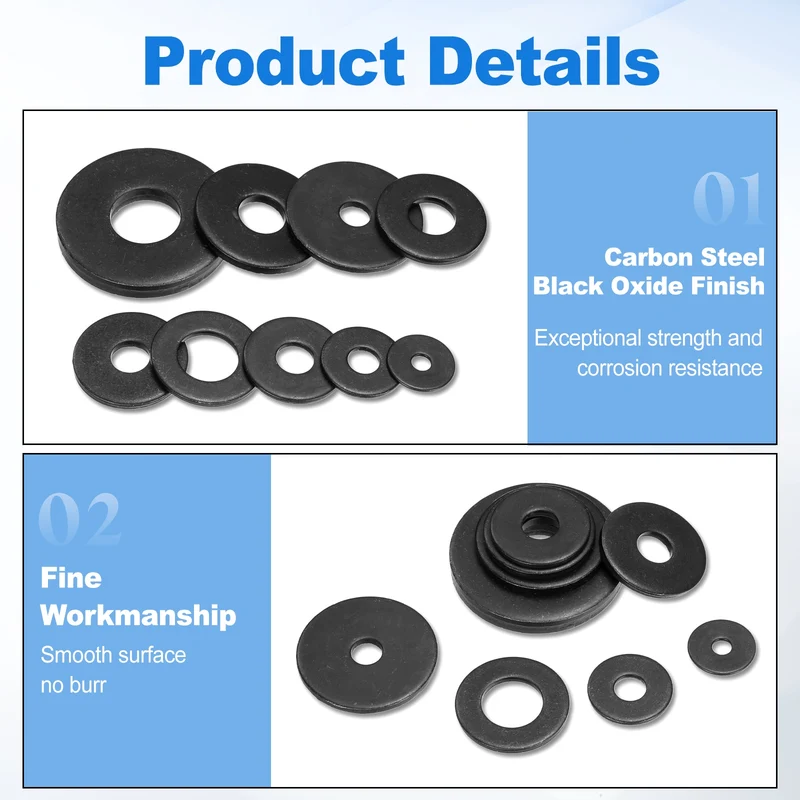 200 Pcs Fender Washer, M8 Carbon Steel Flat Washer Fastener Gasket, Black