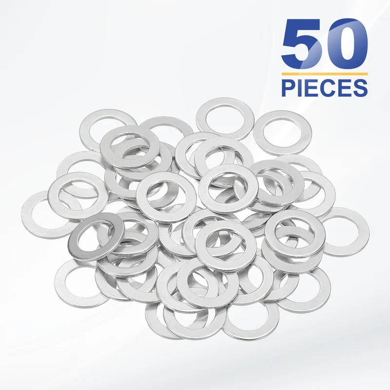 M10x16x1mm Flat Washers, 50PCS Aluminum Automotive Drain Plug Gaskets, Silver