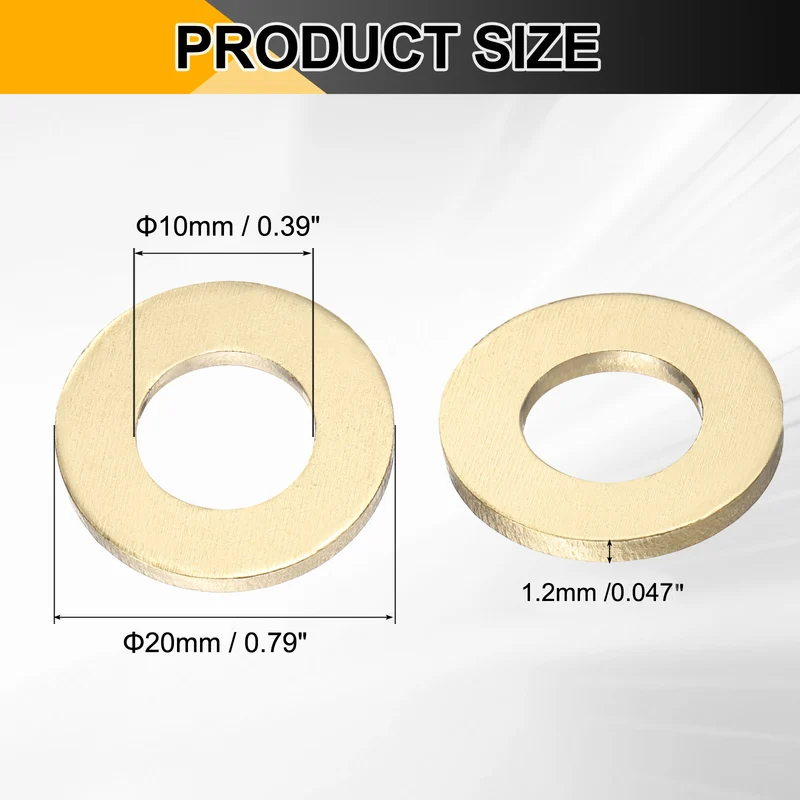 50Pcs M10 Flat Washer, 20mmx10mmx1.2mm Brass Sealing Washers for Screws Bolt