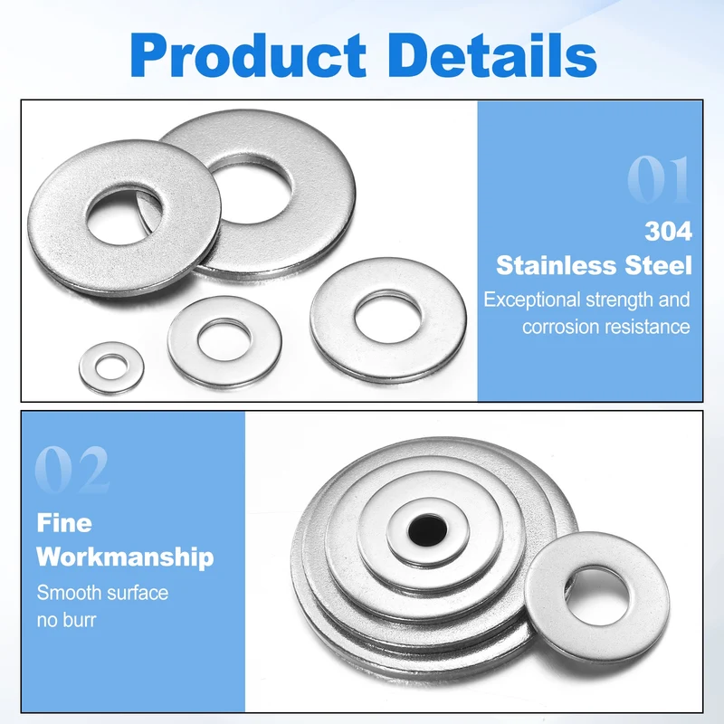 200 Pcs Fender Washer, 3/16 Inch 304 Stainless Steel Flat Washer, Silver Tone