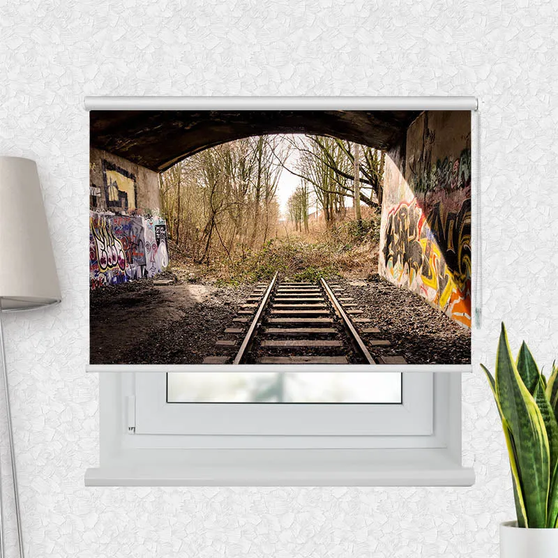 Motivrollo 'Bahnschienen Endstation' | Bis B 430 x H 440 cm