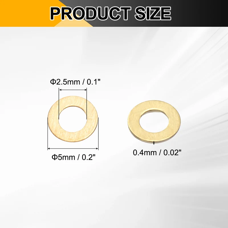 100Pcs M2.5 Flat Washer 5mmx2.5mmx0.4mm Brass Sealing Washers for Screws Bolt
