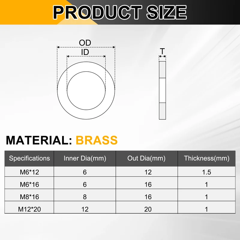 M12x20x1mm Flat Washer, 60PCS Brass Automotive Drain Plug Gasket, Golden