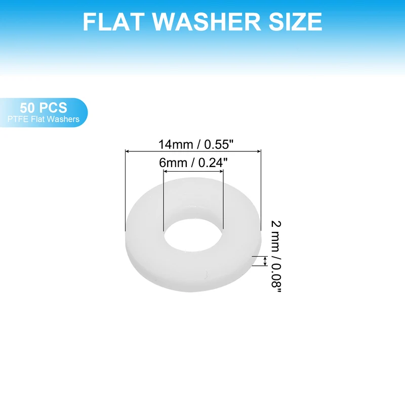 50Pcs PTFE Flat Washers 6x14x2mm Sealing Spacer Flange Gasket White