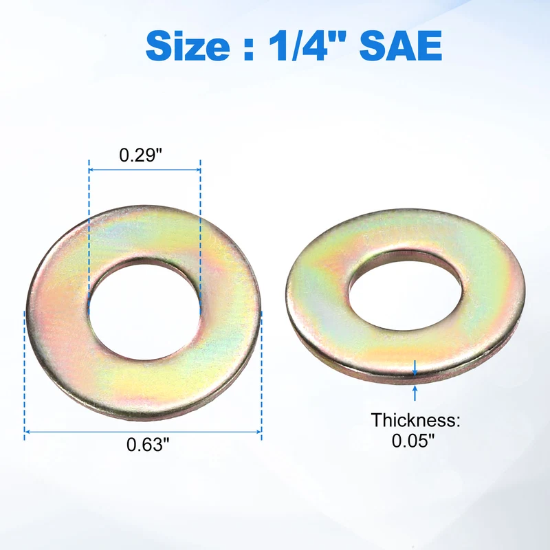 50Pcs 1/4" Carbon Steel SAE Flat Washers 0.29" x 0.63" x 0.05" Zinc Yellow