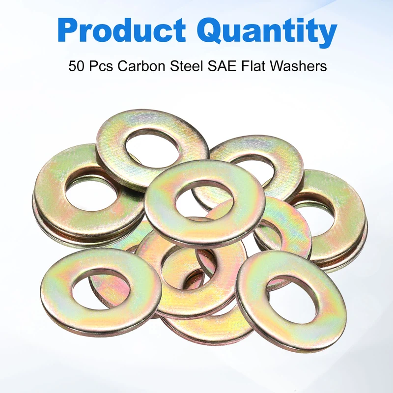 50Pcs 1/4" Carbon Steel SAE Flat Washers 0.29" x 0.63" x 0.05" Zinc Yellow