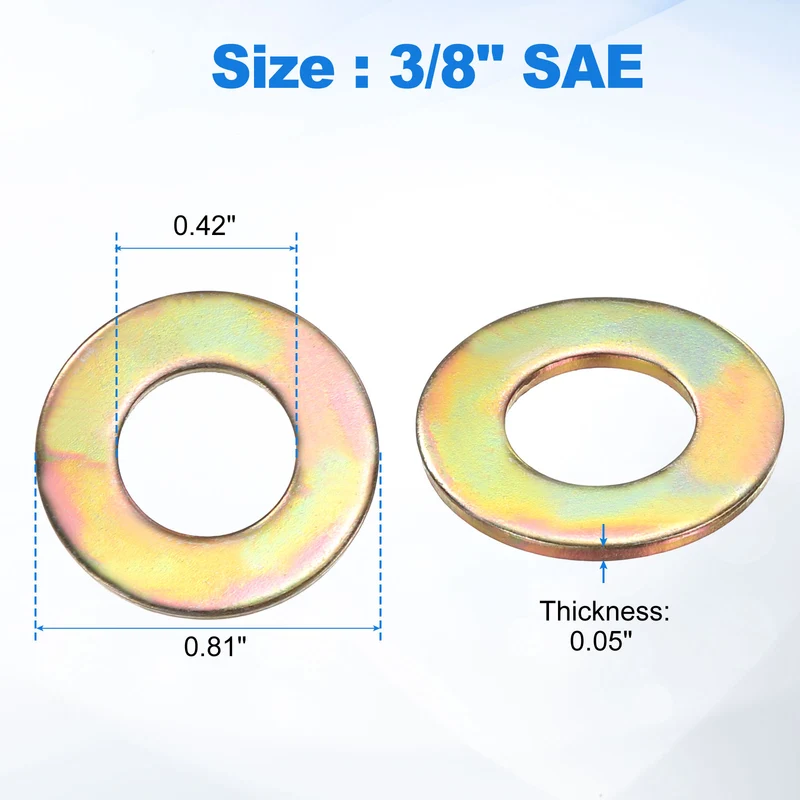 50Pcs 3/8" Carbon Steel SAE Flat Washers, 0.42" x 0.81" x 0.05", Zinc Yellow