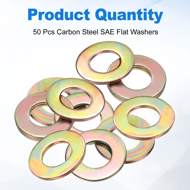 50Pcs 3/8" Carbon Steel SAE Flat Washers, 0.42" x 0.81" x 0.05", Zinc Yellow
