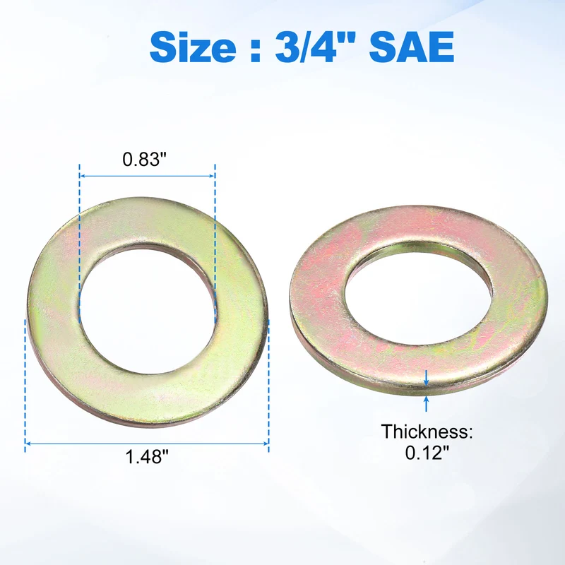 15Pcs 3/4" Carbon Steel SAE Flat Washers, 0.83" x 1.48" x 0.12", Zinc Yellow