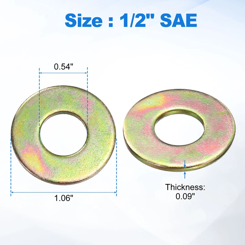 20Pcs 1/2" Carbon Steel SAE Flat Washers, 0.54" x 1.06" x 0.09", Zinc Yellow