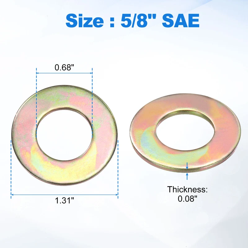 10Pcs 5/8" Carbon Steel SAE Flat Washers, 0.68" x 1.31" x 0.08", Zinc Yellow