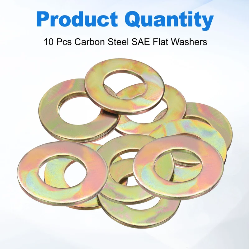 10Pcs 5/8" Carbon Steel SAE Flat Washers, 0.68" x 1.31" x 0.08", Zinc Yellow