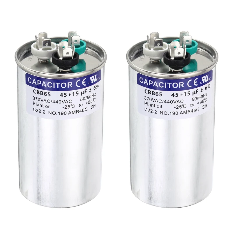 2Pcs 45+15MFD CBB65 Run Start Capacitor 45+15uF 370/440V Round AC Capacitor
