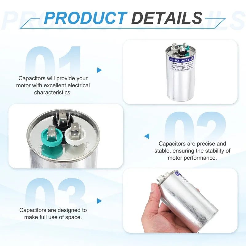 2Pcs 45+15MFD CBB65 Run Start Capacitor 45+15uF 370/440V Round AC Capacitor