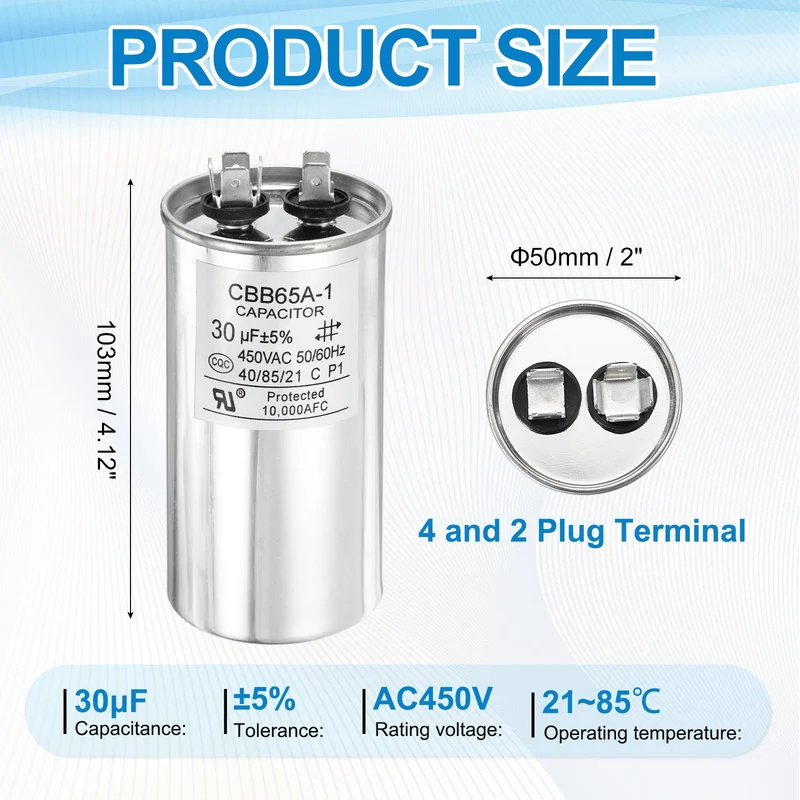 1 Pcs CBB65 Run Capacitor, Aluminum Case, 450V 30 F 5%