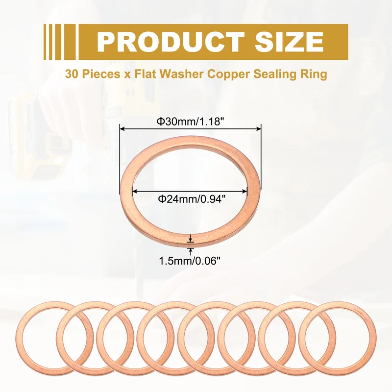 M24 Copper Washer Sealing Ring, 30 Pieces 22mm ID 28mm OD 1.5mm Thickness Metric