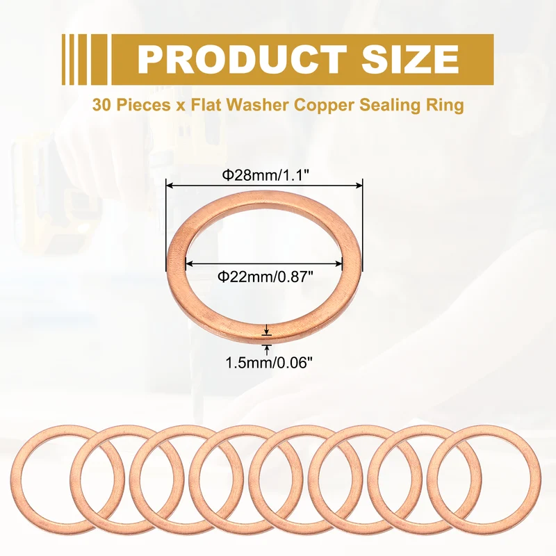 M22 Copper Washer Sealing Ring, 30 Pieces 22mm ID 28mm OD 1.5mm Thickness Metric