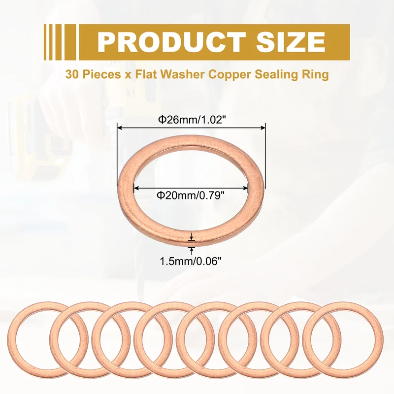 M20 Copper Washer Sealing Ring, 30 Pieces 20mm ID 26mm OD 1.5mm Thickness Metric