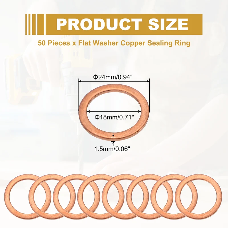M18 Copper Washer Sealing Ring, 50 Pieces 18mm ID 24mm OD 1.5mm Thickness Metric