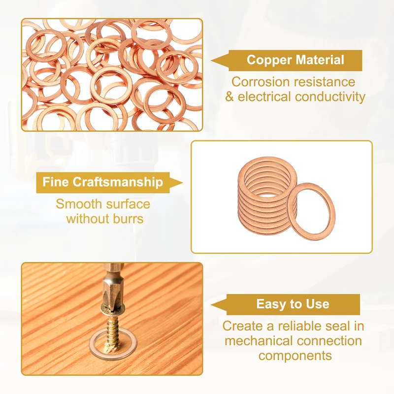M18 Copper Washer Sealing Ring, 50 Pieces 18mm ID 24mm OD 1.5mm Thickness Metric