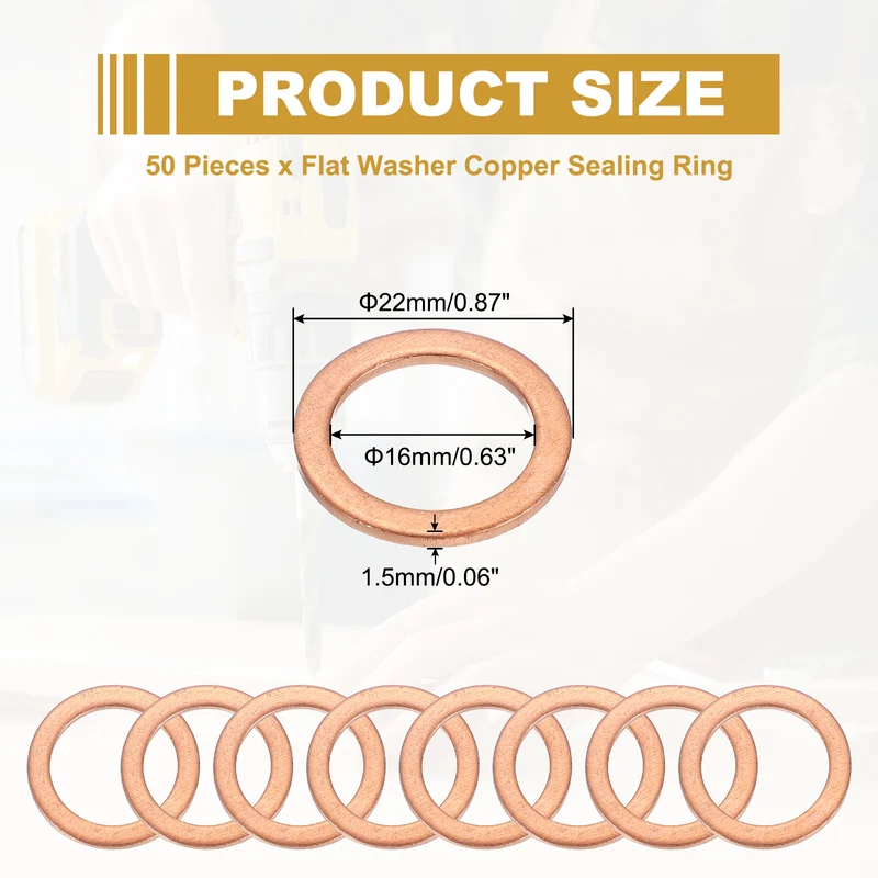 M16 Copper Washer Sealing Ring, 50 Pieces 16mm ID 22mm OD 1.5mm Thickness Metric