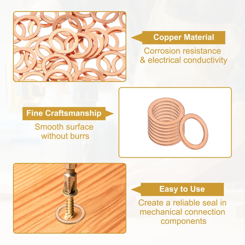 M16 Copper Washer Sealing Ring, 50 Pieces 16mm ID 22mm OD 1.5mm Thickness Metric